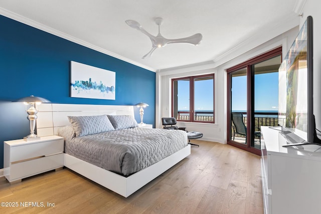 bedroom featuring a ceiling fan, baseboards, access to exterior, ornamental molding, and light wood finished floors