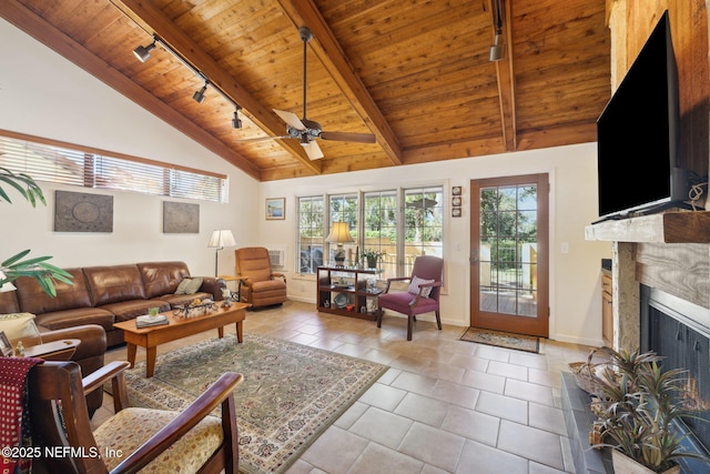 living area featuring light tile patterned floors, wooden ceiling, a high end fireplace, beam ceiling, and rail lighting