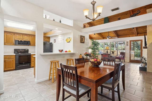 dining space with vaulted ceiling with beams, a chandelier, light tile patterned flooring, wood ceiling, and visible vents