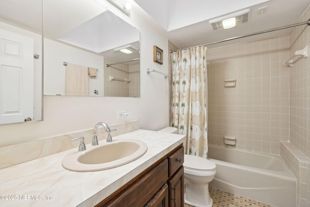 bathroom featuring toilet, shower / bathtub combination with curtain, visible vents, and vanity