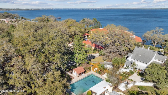 birds eye view of property featuring a water view