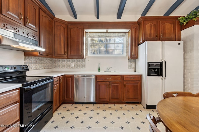 kitchen with white refrigerator with ice dispenser, light countertops, stainless steel dishwasher, beamed ceiling, and black / electric stove