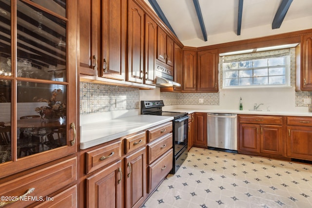 kitchen featuring under cabinet range hood, black range with electric stovetop, light countertops, dishwasher, and beamed ceiling