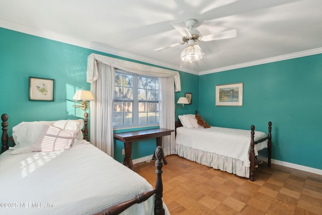 bedroom with ornamental molding, baseboards, and a ceiling fan