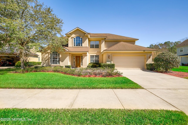 view of front of house with a garage, concrete driveway, a front lawn, and stucco siding