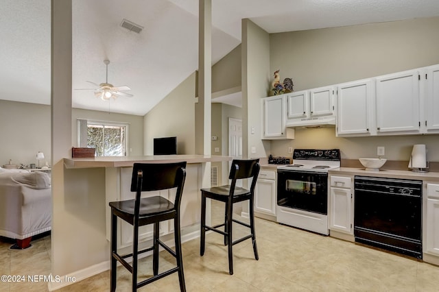 kitchen with visible vents, range with electric cooktop, open floor plan, and dishwasher