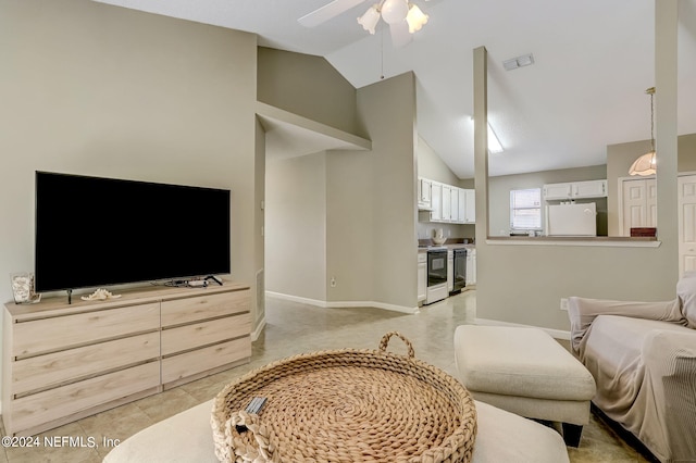 living area featuring lofted ceiling, ceiling fan, light tile patterned floors, visible vents, and baseboards