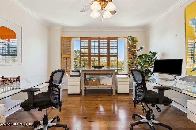 office space with ceiling fan, ornamental molding, and hardwood / wood-style flooring