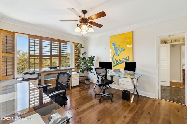 office featuring ornamental molding and hardwood / wood-style floors