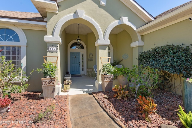 view of exterior entry with a shingled roof and stucco siding