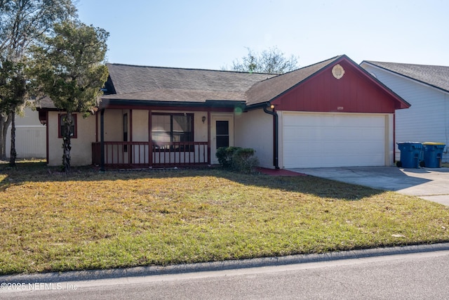 ranch-style house with a shingled roof, concrete driveway, covered porch, an attached garage, and a front lawn