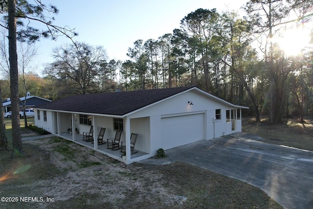 view of front of home featuring a garage, a patio area, concrete driveway, and roof with shingles