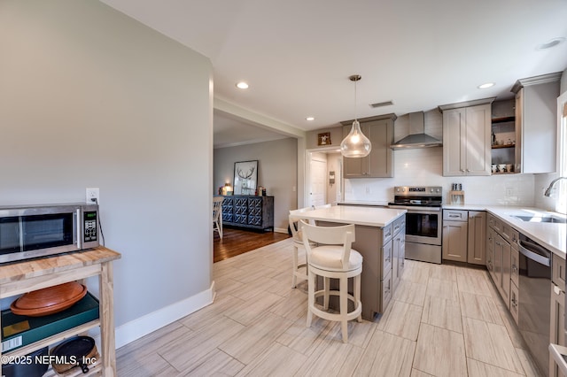 kitchen with gray cabinetry, stainless steel appliances, wall chimney range hood, decorative backsplash, and open shelves