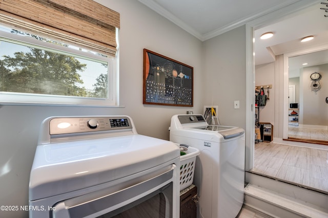 laundry area with laundry area, crown molding, and washing machine and clothes dryer