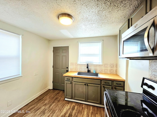 kitchen featuring dark wood-style floors, stainless steel microwave, a sink, butcher block countertops, and range with electric cooktop