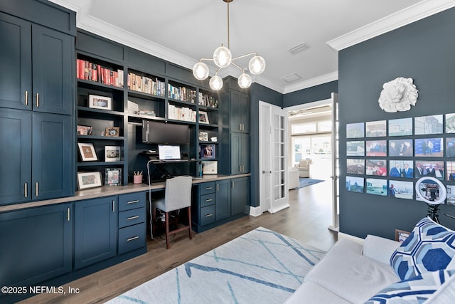 office area featuring a chandelier, visible vents, french doors, dark wood finished floors, and crown molding