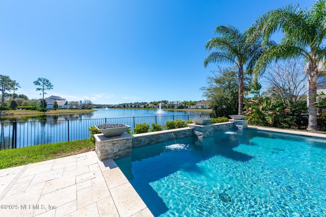 view of swimming pool with a fenced in pool, a patio area, a water view, and fence