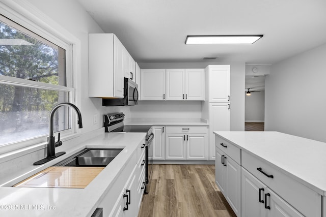 kitchen featuring stainless steel appliances, a sink, visible vents, white cabinets, and light wood-style floors