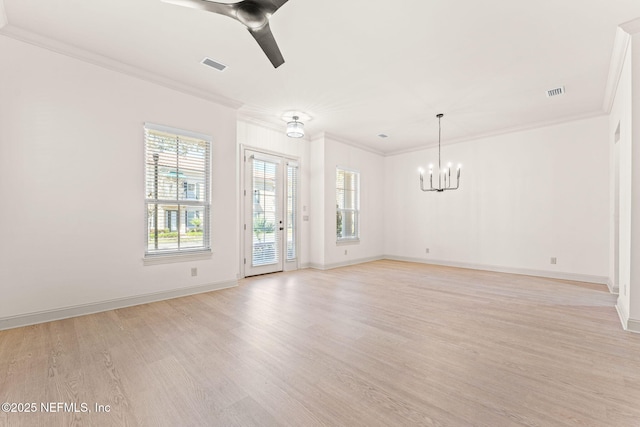 unfurnished room with ceiling fan with notable chandelier, ornamental molding, light wood-style flooring, and visible vents