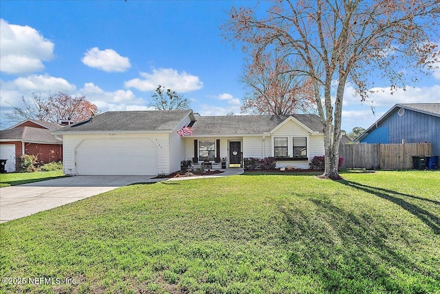 single story home featuring concrete driveway, an attached garage, fence, and a front yard