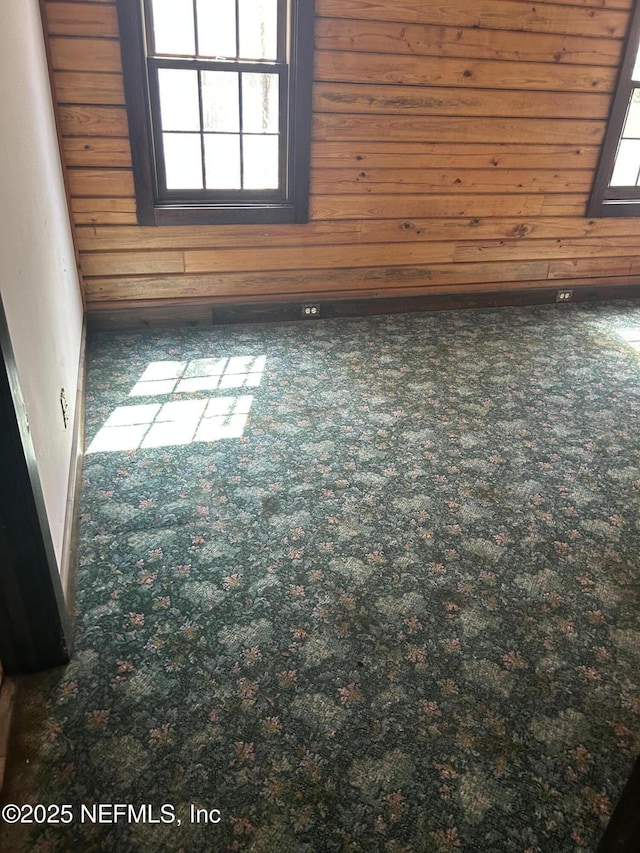 carpeted empty room featuring wood walls