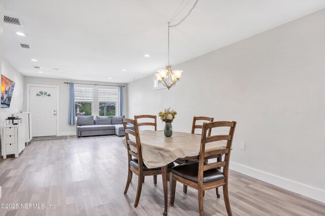 dining room with visible vents, recessed lighting, baseboards, and light wood-style floors