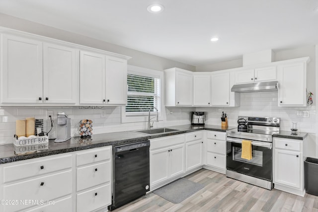 kitchen with under cabinet range hood, a sink, stainless steel electric range, white cabinets, and dishwasher