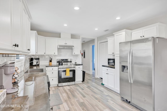 kitchen with white cabinetry, tasteful backsplash, and stainless steel appliances