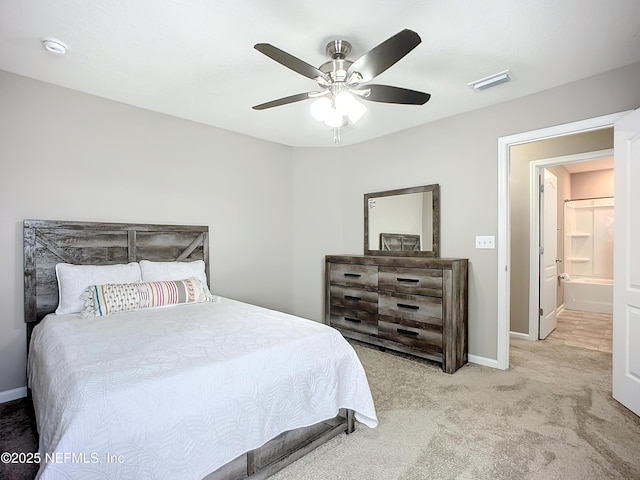 bedroom with a ceiling fan, carpet, visible vents, and baseboards