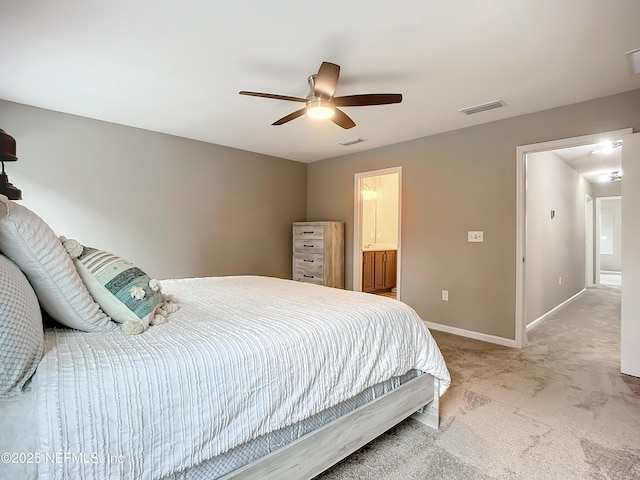 bedroom featuring light carpet, ceiling fan, visible vents, and baseboards