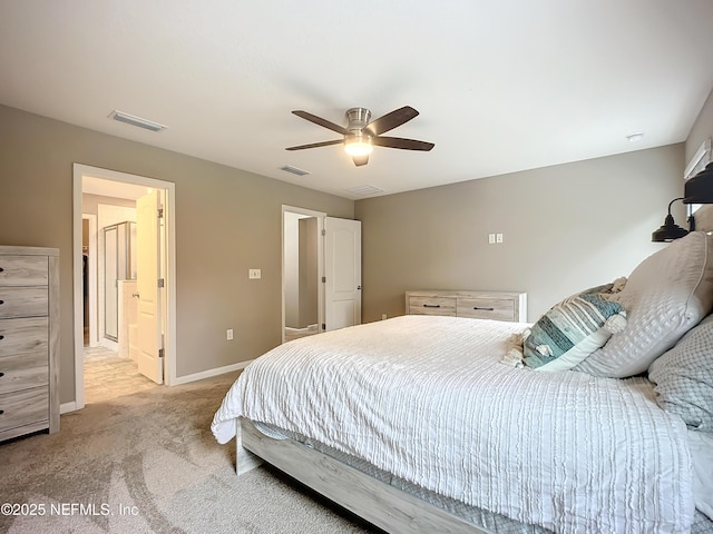 bedroom with ceiling fan, carpet flooring, visible vents, and baseboards