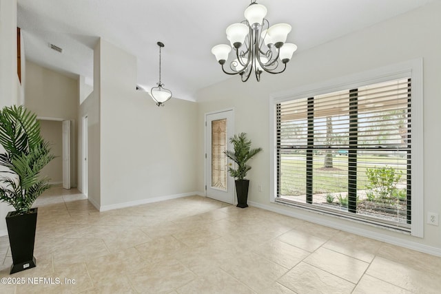 interior space with baseboards, visible vents, tile patterned flooring, vaulted ceiling, and a notable chandelier