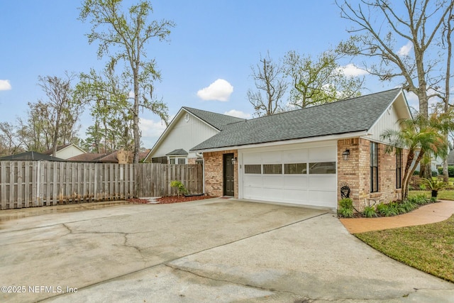 ranch-style home with a garage, brick siding, a shingled roof, fence, and driveway