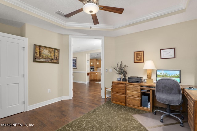 607 Caspia Ln, Ponte Vedra, FL 32081 - office area featuring a ceiling fan, ornamental molding, baseboards, and dark wood finished floors