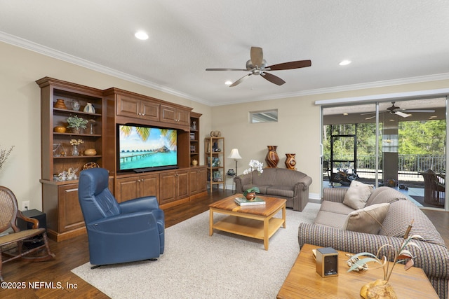 607 Caspia Ln, Ponte Vedra, FL 32081 - living room with crown molding, recessed lighting, a ceiling fan, and wood finished floors