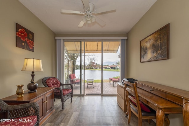 4020 Lavista Cir Unit 207, Jacksonville, FL 32217 - office area featuring ceiling fan, a water view, and wood finished floors
