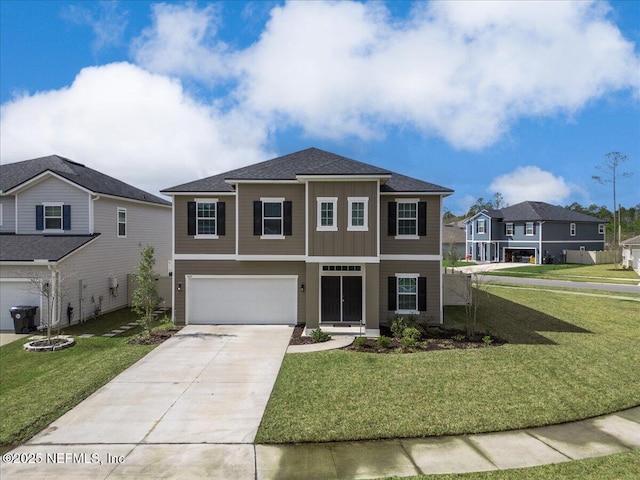 view of front of home featuring an attached garage, concrete driveway, a residential view, a front lawn, and board and batten siding