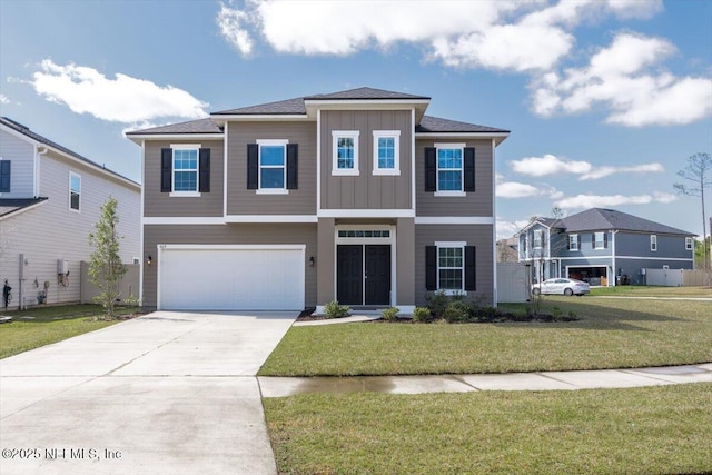 view of front of house featuring concrete driveway, a front lawn, board and batten siding, and an attached garage