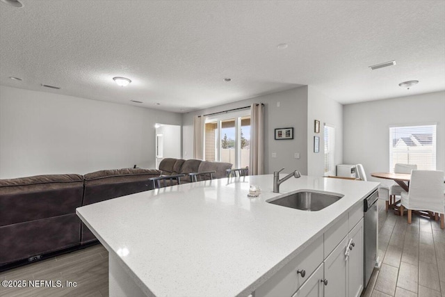 kitchen featuring wood finished floors, stainless steel dishwasher, a sink, and visible vents