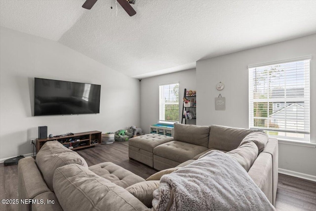 living room featuring vaulted ceiling, a textured ceiling, baseboards, and wood finished floors