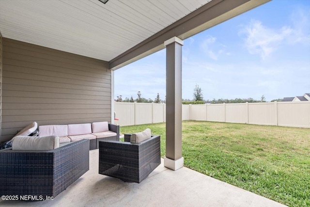 view of patio featuring a fenced backyard and an outdoor hangout area