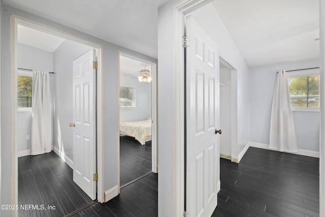 hall featuring dark wood-style flooring and baseboards