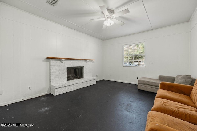 unfurnished living room with visible vents, a fireplace, finished concrete floors, and a ceiling fan