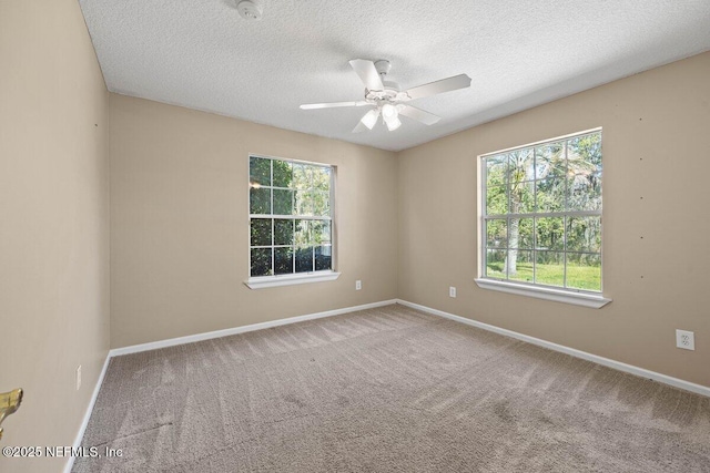 carpeted empty room with plenty of natural light, a ceiling fan, baseboards, and a textured ceiling