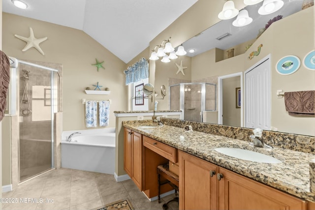 full bathroom with double vanity, a stall shower, a sink, vaulted ceiling, and a bath