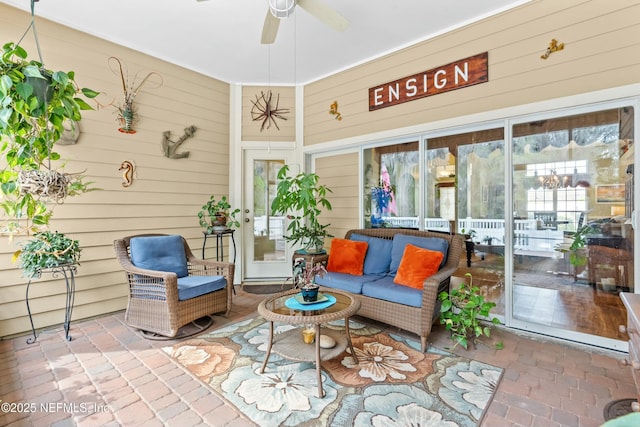 interior space featuring ceiling fan