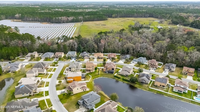 bird's eye view featuring a water view and a residential view