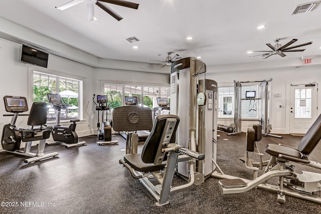 workout area with ceiling fan, baseboards, visible vents, and recessed lighting