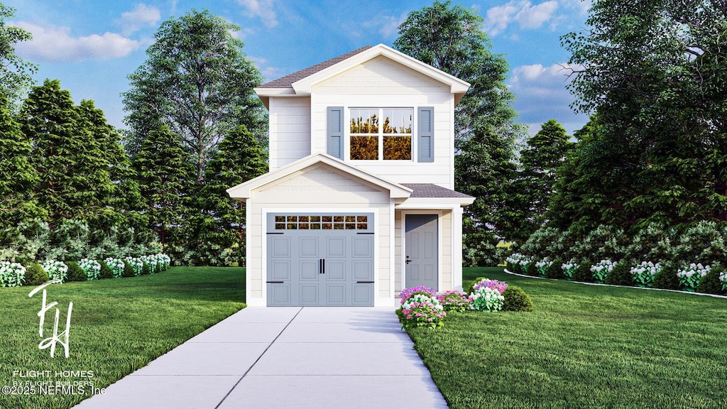 view of front of home with a garage, driveway, a front lawn, and roof with shingles