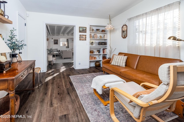 living room featuring dark wood-type flooring